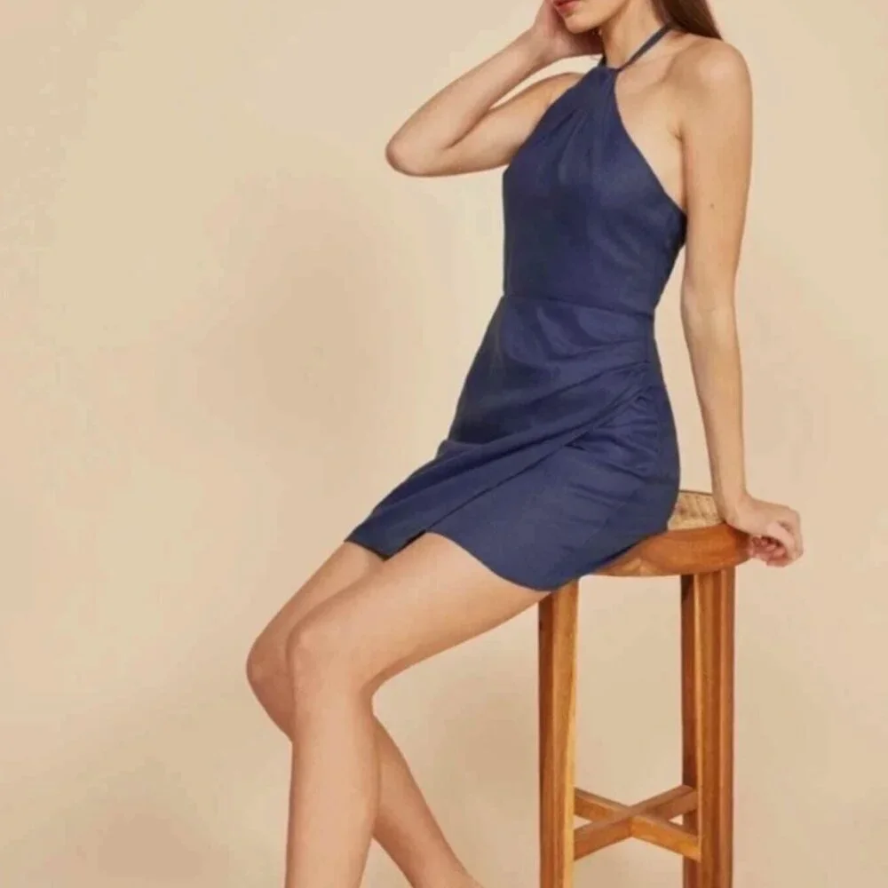 Reformation The Dory Dress Linen Faux Wrap Navy Blue Mini Halter NWT - Picture 9 of 10